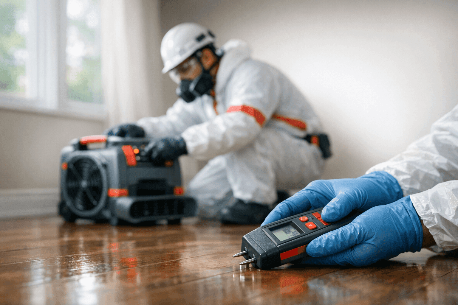 Gloved hands using moisture meter on hardwood floor during water damage restoration indoors