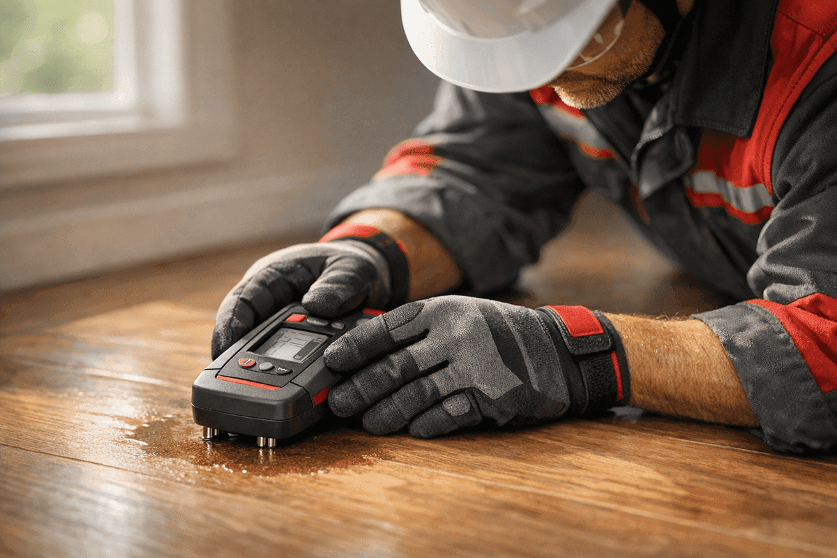 Technician's gloved hands operating moisture meter on damp wooden floor in water damage repair