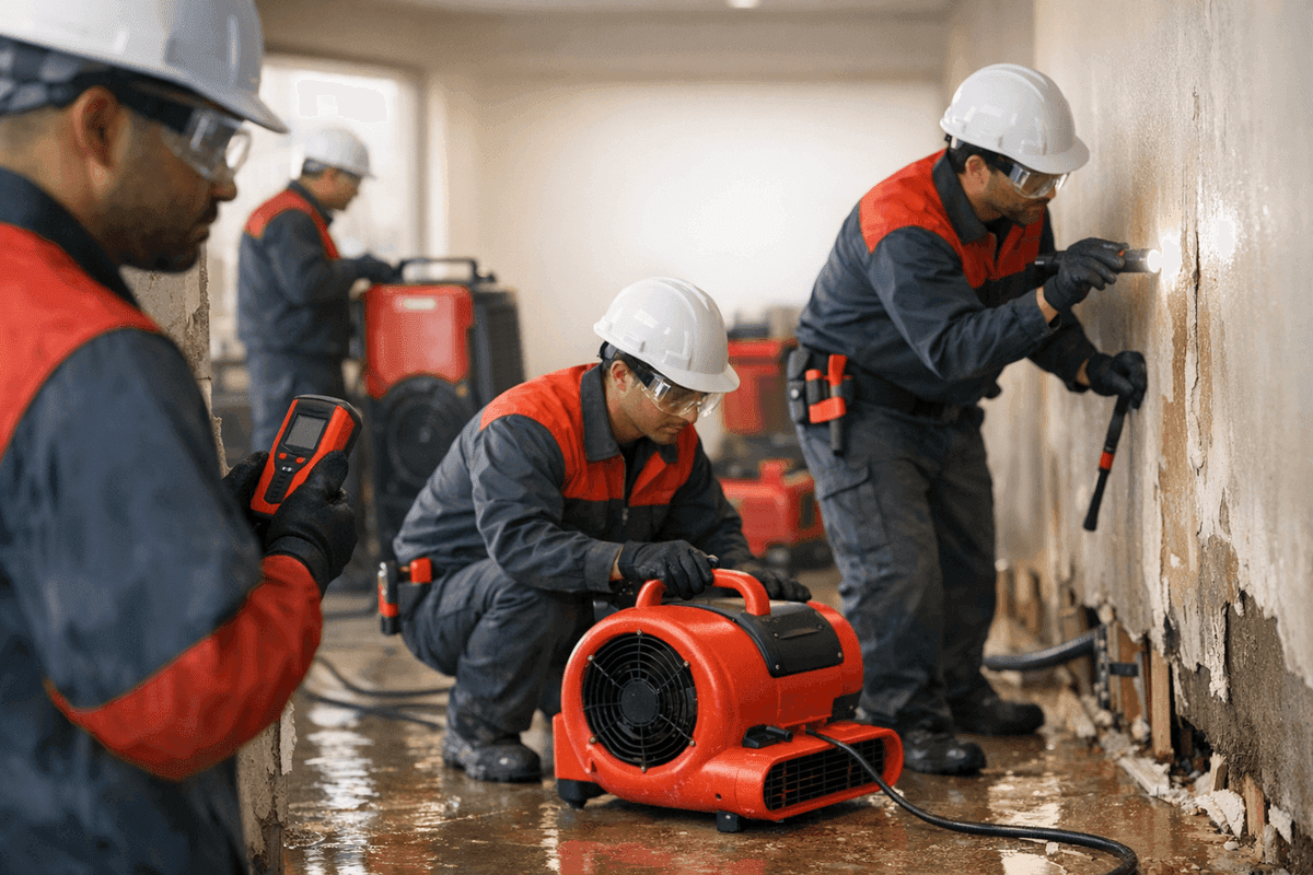 Technician's gloved hands operating moisture meter on damp wooden floor in water damage repair